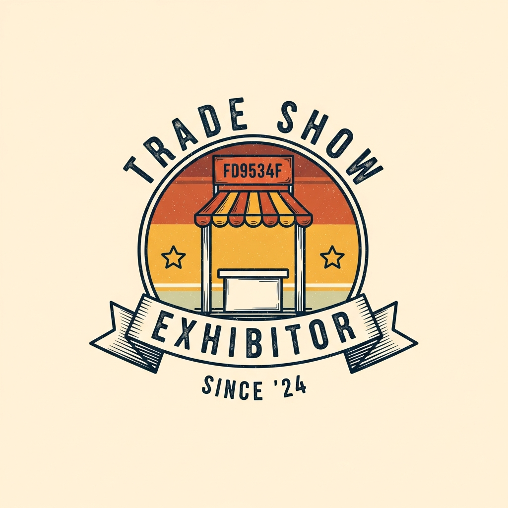 Retro badge logo DTF heat transfer design for trade show apparel — ready to press on t-shirts, hoodies, and tote bags
