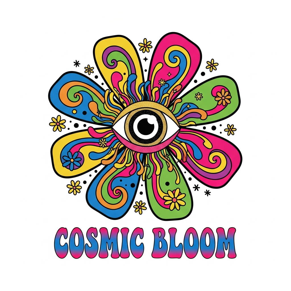 Psychedelic 60s style baby shower DTF heat transfer graphic with swirling retro patterns and vibrant high contrast colors, ready to press on t-shirts and hoodies