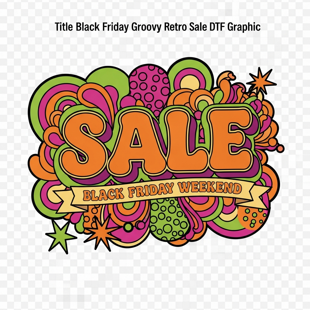 Black Friday Weekend groovy 70s retro style ready to press DTF heat transfer graphic with bold high contrast colors and vector illustration design suitable for t-shirts hoodies and apparel