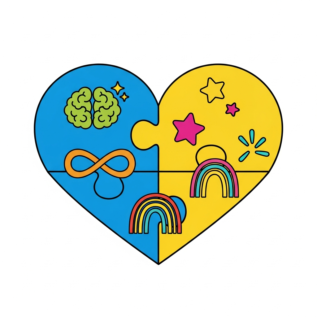 Kawaii style Autism Acceptance Month ready to press DTF heat transfer graphic featuring cute playful characters with bold vibrant colors and puzzle piece accents suitable for t-shirts hoodies and tote bags