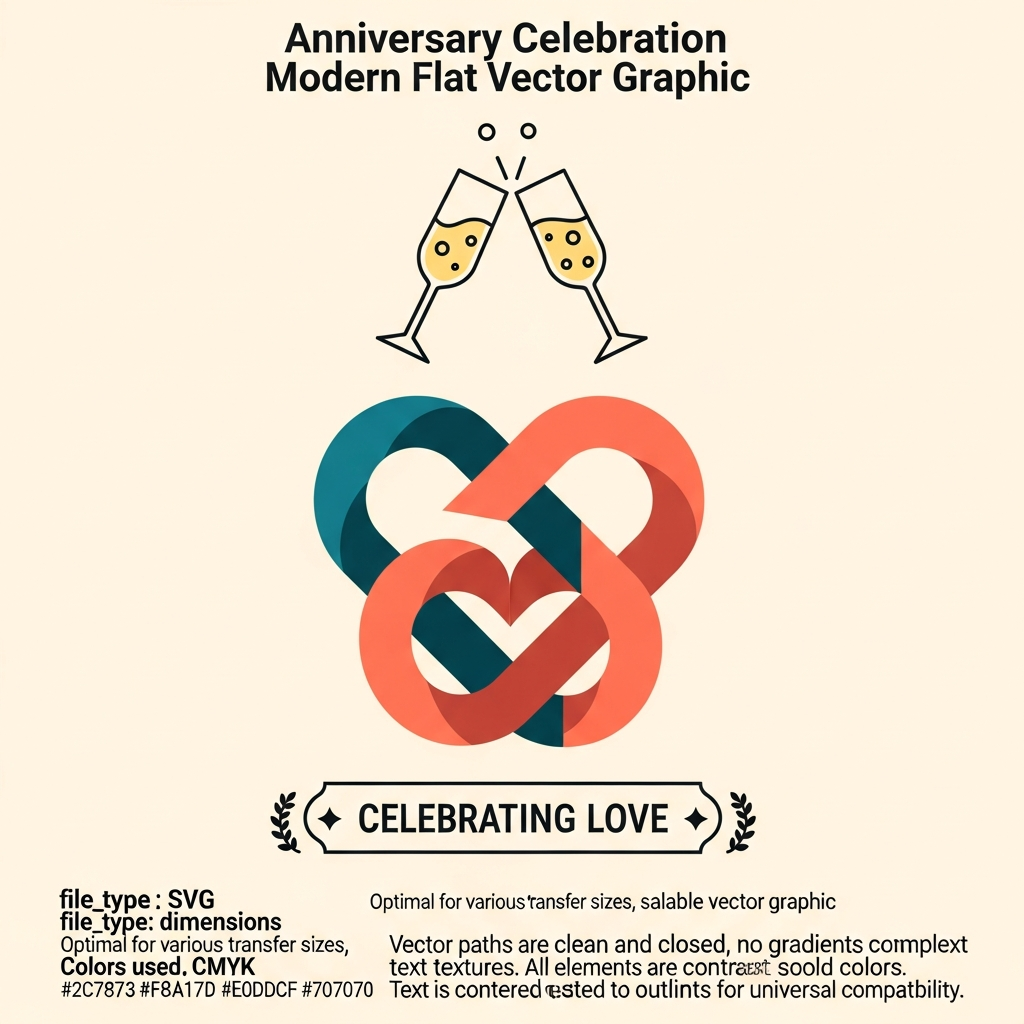 Modern flat vector anniversary celebration DTF heat transfer graphic with high contrast colors and clean outlines, ready to press on t-shirts hoodies and apparel