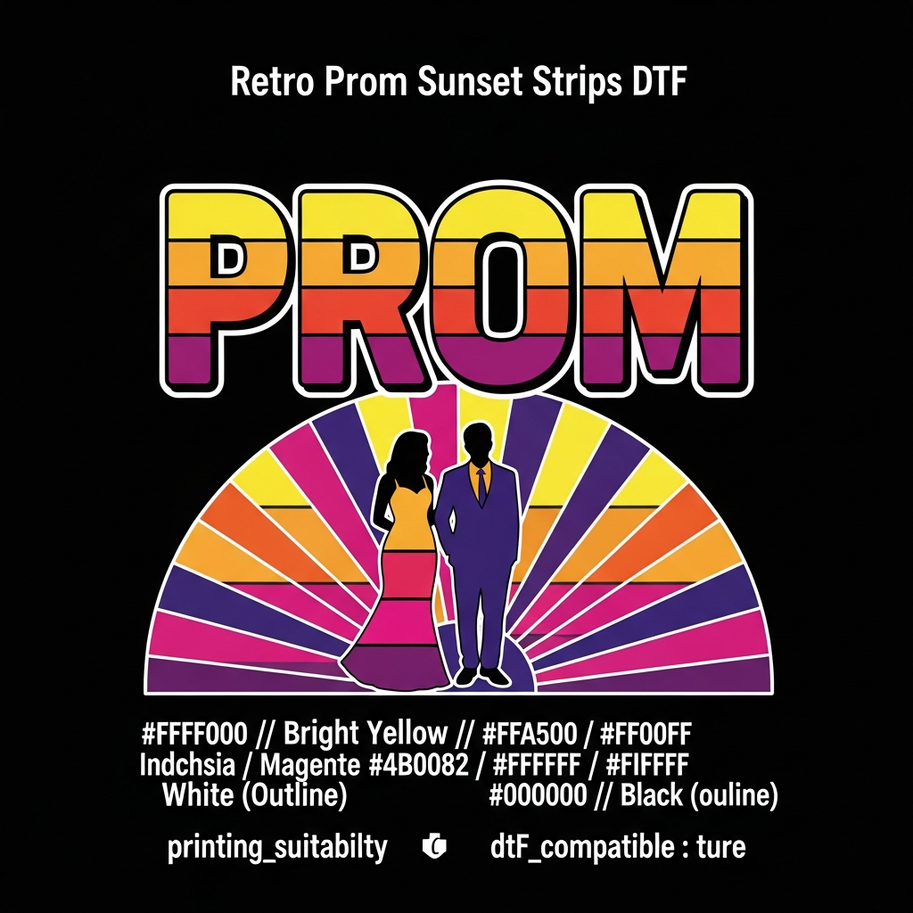 Retro sunset stripes prom DTF heat transfer graphic with bold gradient stripes and vibrant high-contrast colors, ready to press on t-shirts and hoodies