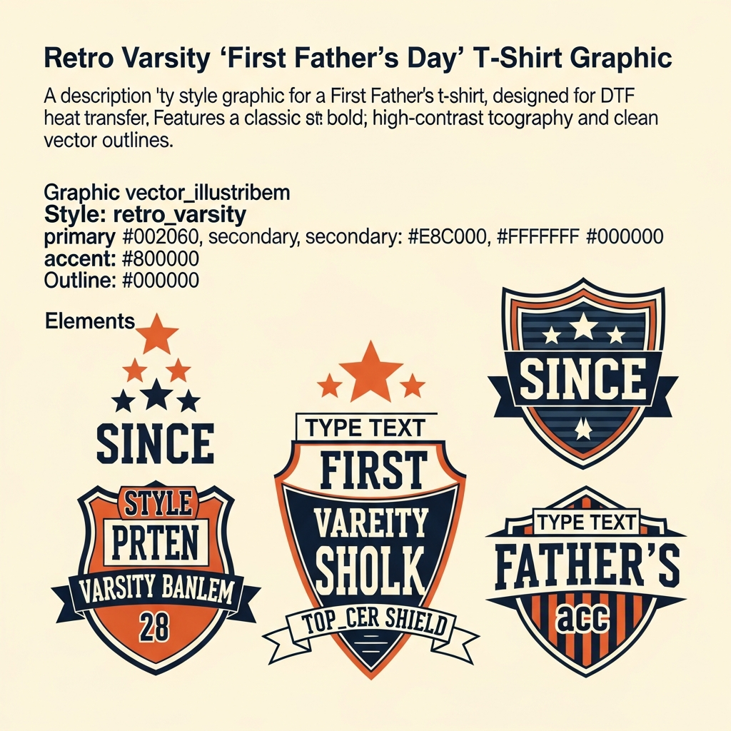 Retro varsity style First Father's Day DTF heat transfer graphic with bold lettering and high contrast colors, ready to press on t-shirts and hoodies