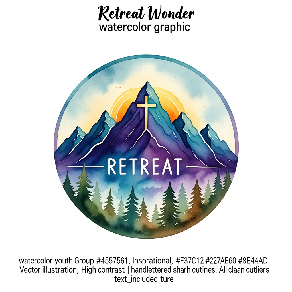 Watercolor illustration DTF heat transfer design for a youth group retreat, featuring vibrant high-contrast colors and clean outlines, ready to press onto t-shirts hoodies and tote bags