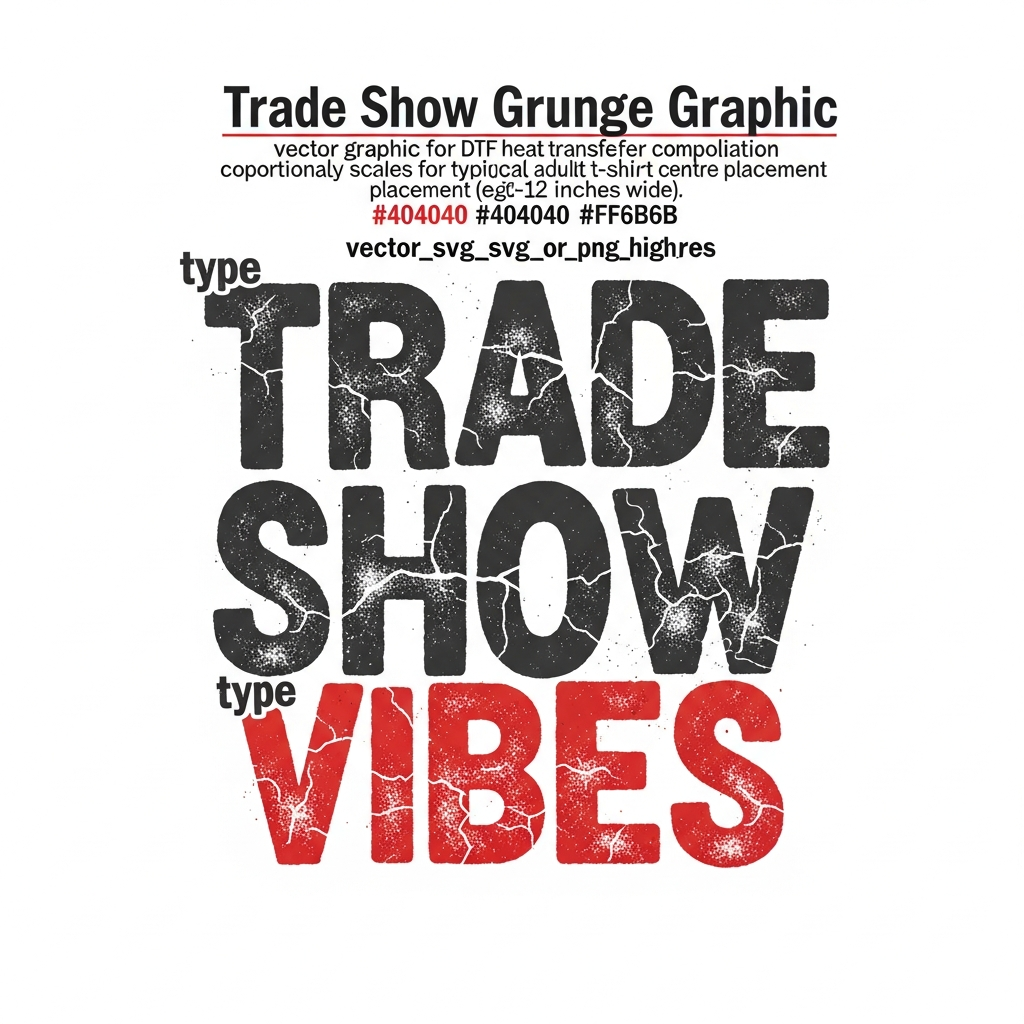 Ready to press DTF heat transfer featuring grunge distressed lettering in a bold centered composition with high contrast colors, designed for trade show apparel and t-shirts