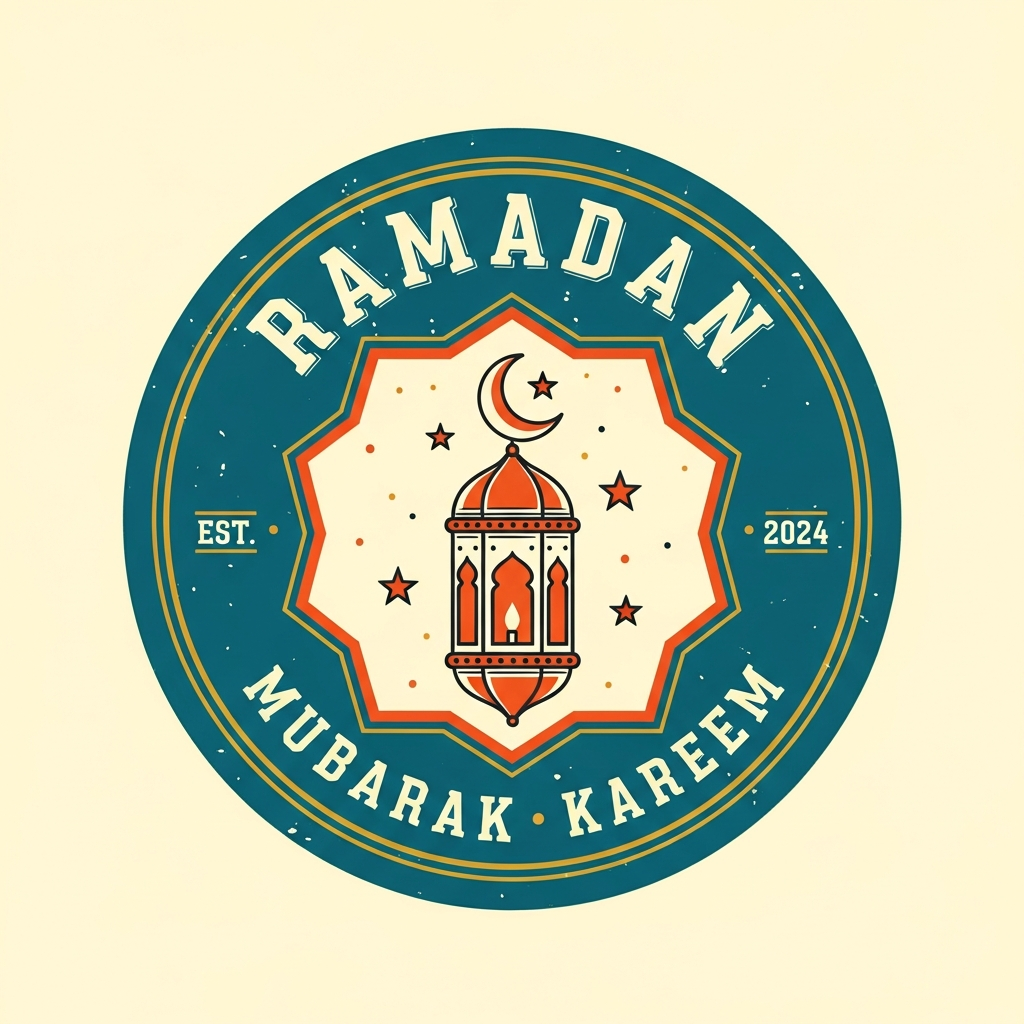 Ramadan retro badge logo ready to press DTF heat transfer graphic featuring high contrast vintage design with clean vector outlines, suitable for t-shirts, hoodies, and tote bags