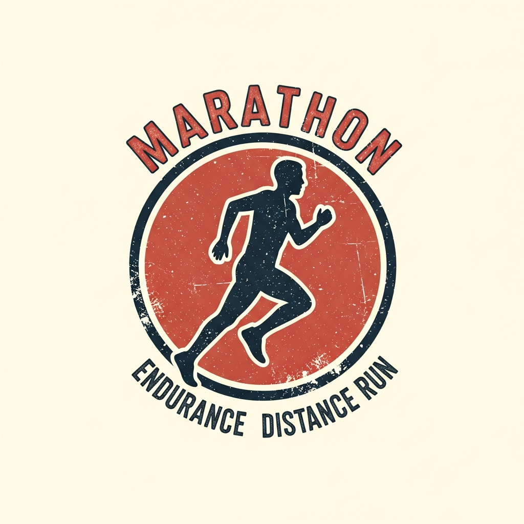 Marathon vintage retro distressed DTF heat transfer graphic, ready to press, featuring high contrast vector-style illustration with worn distressed detailing, suitable for t-shirts hoodies and apparel