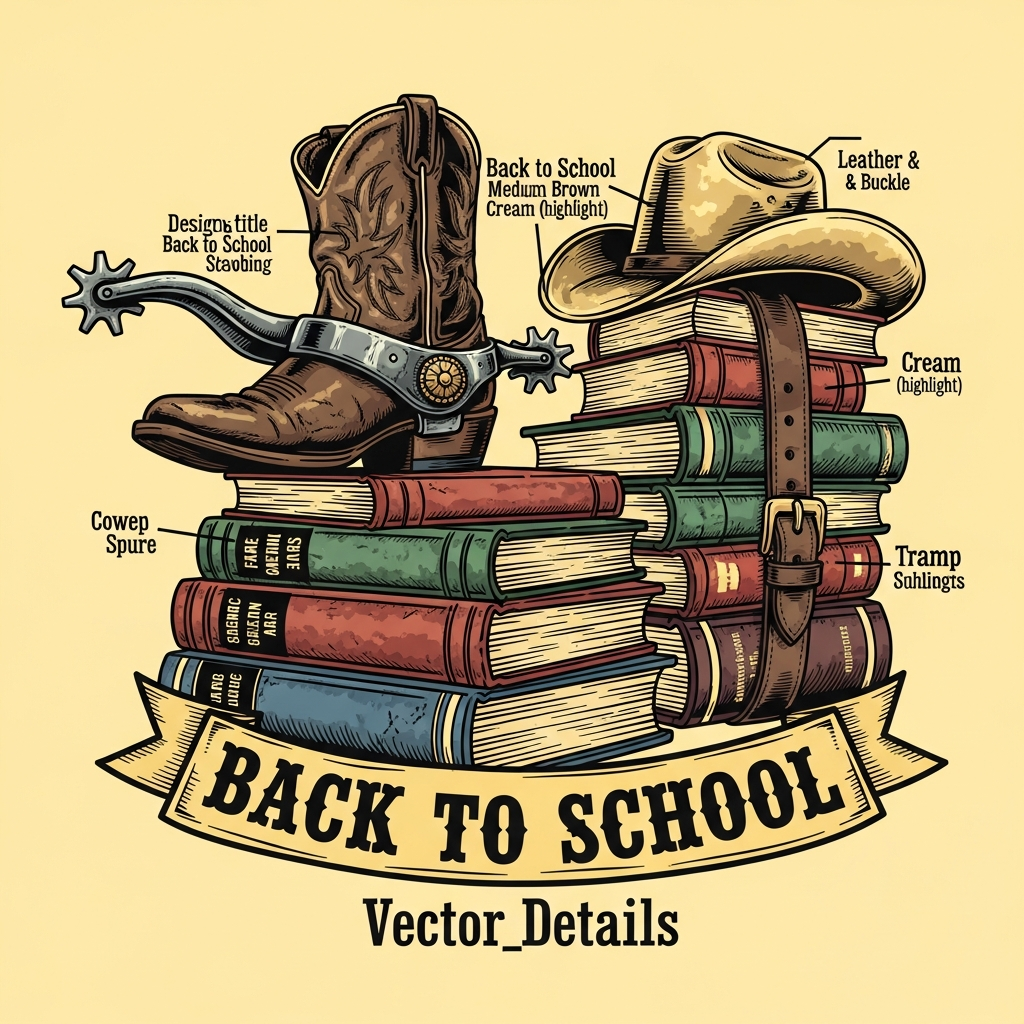 Back to School western cowboy vintage DTF transfer graphic with high-contrast vector illustration, clean outlines, and bold vintage style, ready to press on t-shirts, hoodies, and apparel