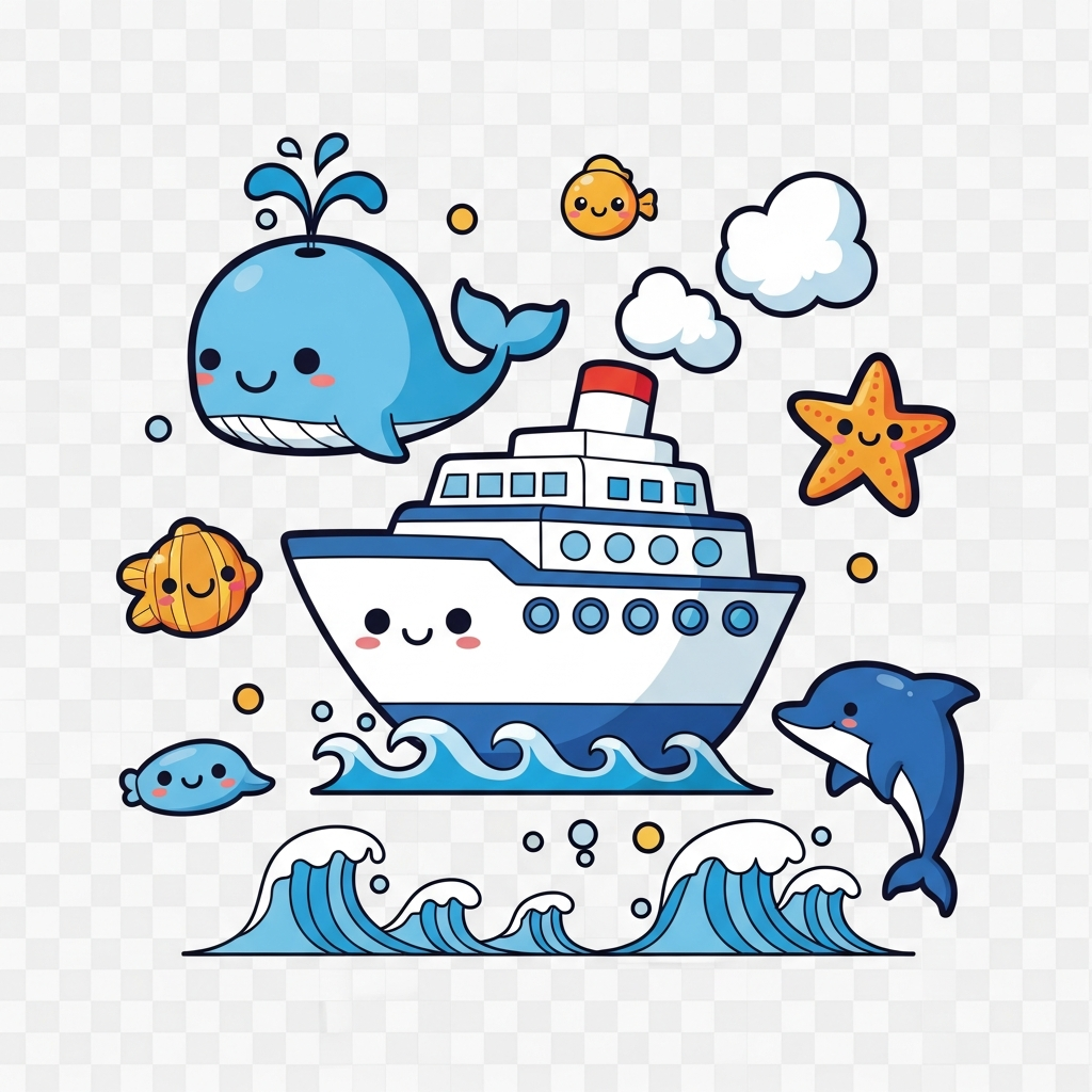 Kawaii cute cruise vacation ready-to-press DTF heat transfer graphic with playful vector illustration style, high contrast colors and clean outlines, suitable for t-shirts hoodies and tote bags