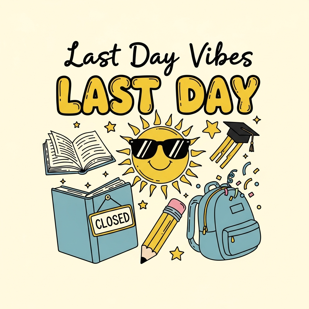 Hand drawn doodle style Last Day of School ready to press DTF heat transfer graphic, centered composition with high contrast colors, suitable for t-shirts hoodies and tote bags