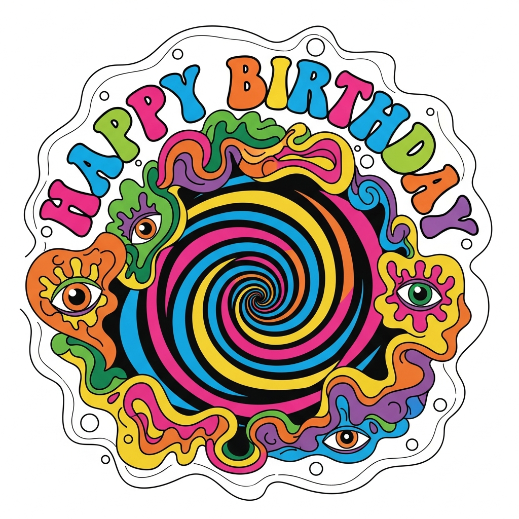 Psychedelic 60s style birthday celebration DTF heat transfer graphic with swirling retro patterns and vibrant high-contrast colors, ready to press on t-shirts and hoodies