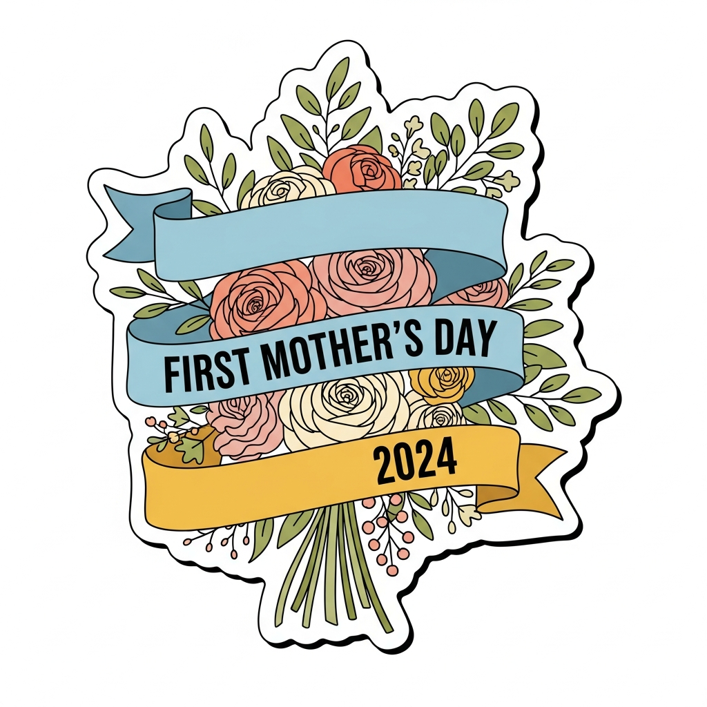 First Mother's Day sticker style DTF ready to press heat transfer graphic with bold outlines and high contrast colors on transparent background