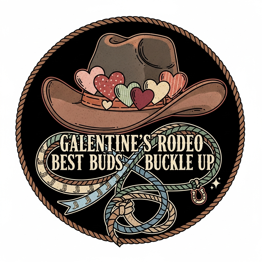 Galentine's Day western cowboy vintage DTF heat transfer graphic with bold vector illustration and high contrast colors, ready to press on t-shirts hoodies and tote bags