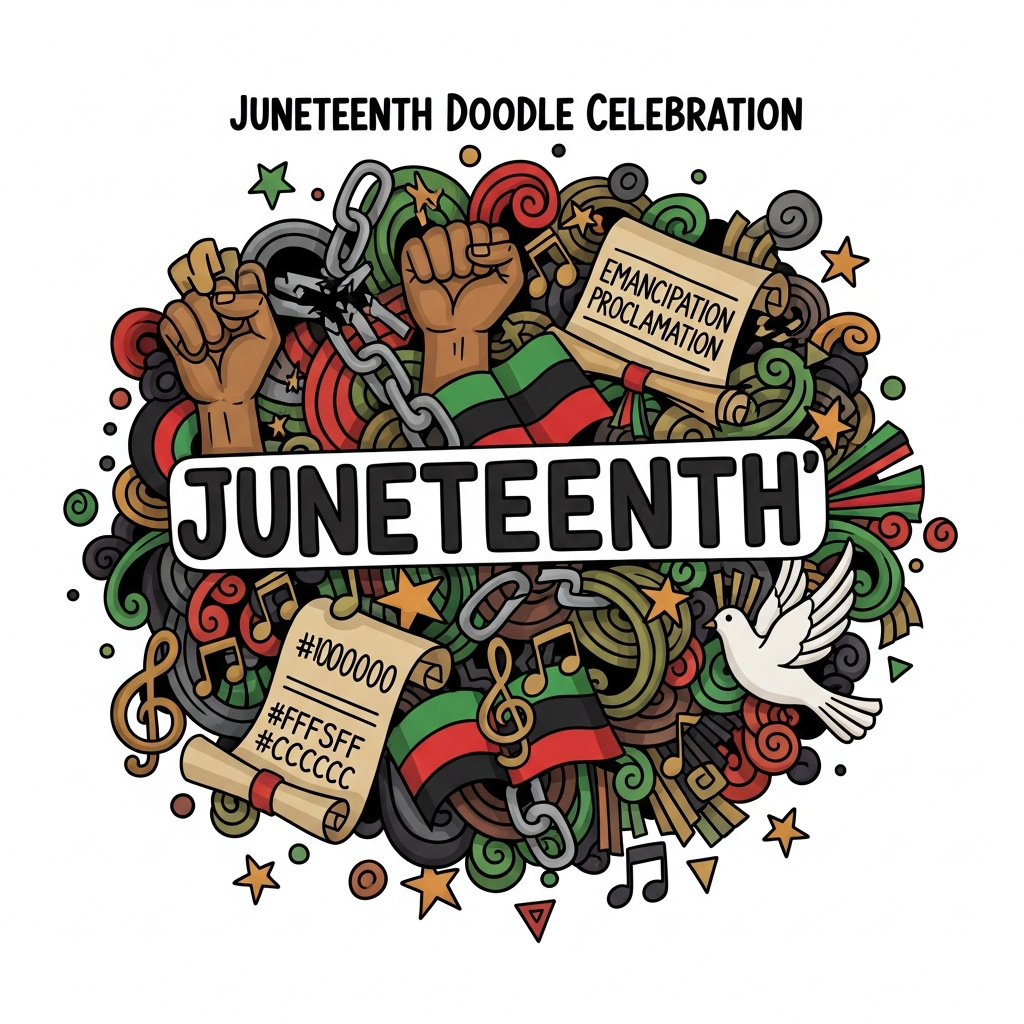 Hand drawn doodle style Juneteenth ready to press DTF heat transfer graphic with vibrant high contrast colors and bold centered illustration, suitable for t-shirts hoodies and tote bags