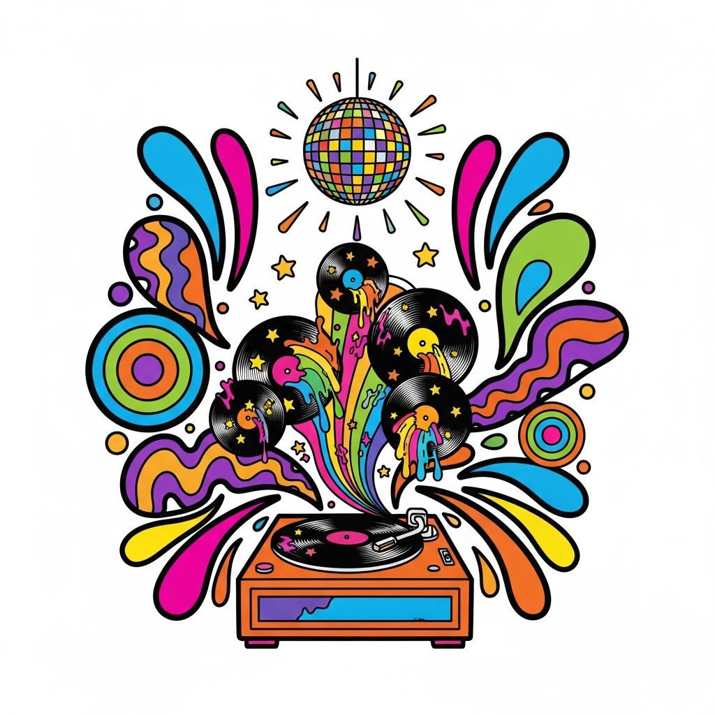 Psychedelic 60s style prom DTF heat transfer graphic with swirling retro patterns and high contrast colors, ready to press on t-shirts and hoodies