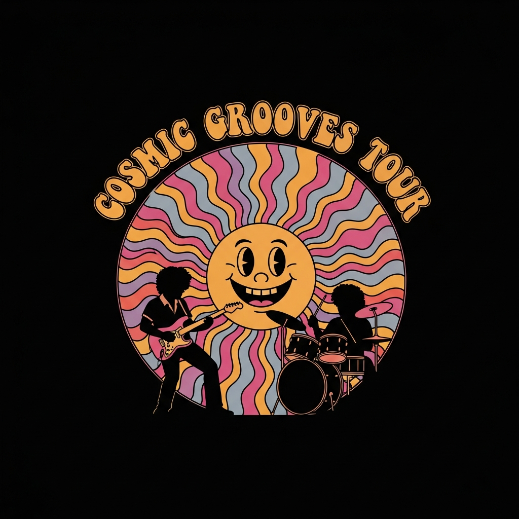 Groovy 70s retro concert tour DTF heat transfer graphic with bold vector illustration, high-contrast colors, and retro typography – ready to press on t-shirts, hoodies, and apparel