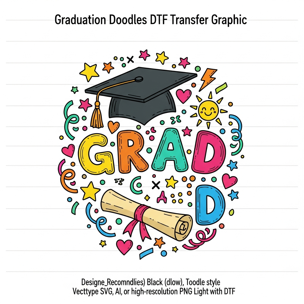 Hand drawn doodle style high school graduation ready to press DTF heat transfer graphic with vibrant colors and clean outlines, suitable for t-shirts and hoodies