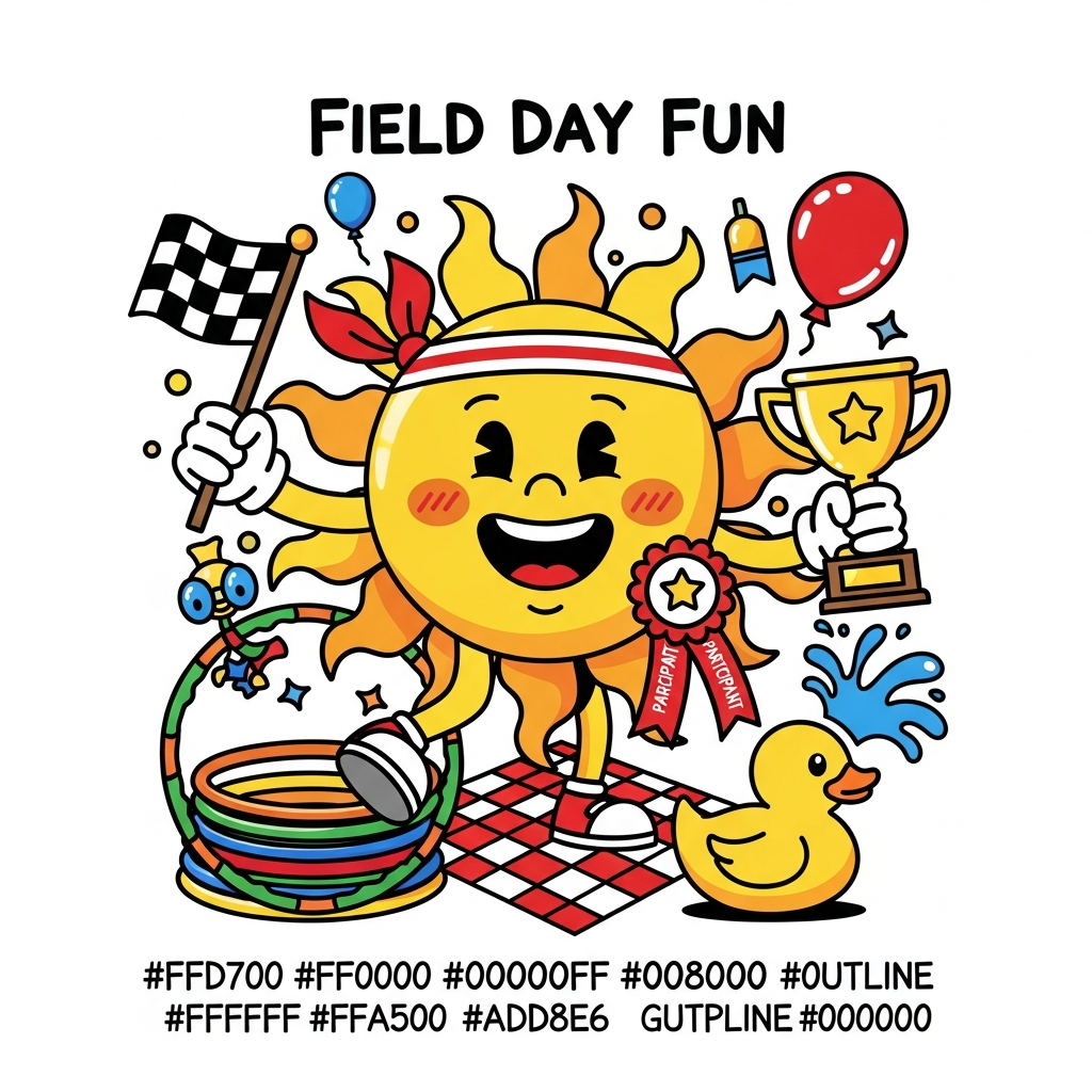 Field Day cartoon mascot DTF heat transfer design in vibrant vector style, ready to press onto t-shirts, hoodies, and apparel for small businesses and apparel brands