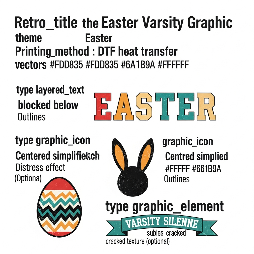 Retro varsity style Easter DTF heat transfer graphic, ready to press, featuring high contrast vector illustration with bold colors, centered composition, suitable for t-shirts, hoodies, and custom apparel