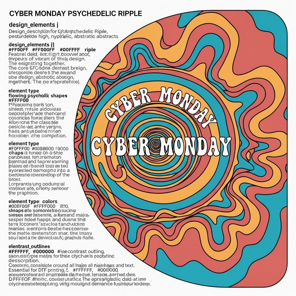 Cyber Monday psychedelic 60s style ready to press DTF heat transfer graphic with bold retro swirls and high contrast colors, centered vector illustration suitable for t-shirts, hoodies, and custom apparel
