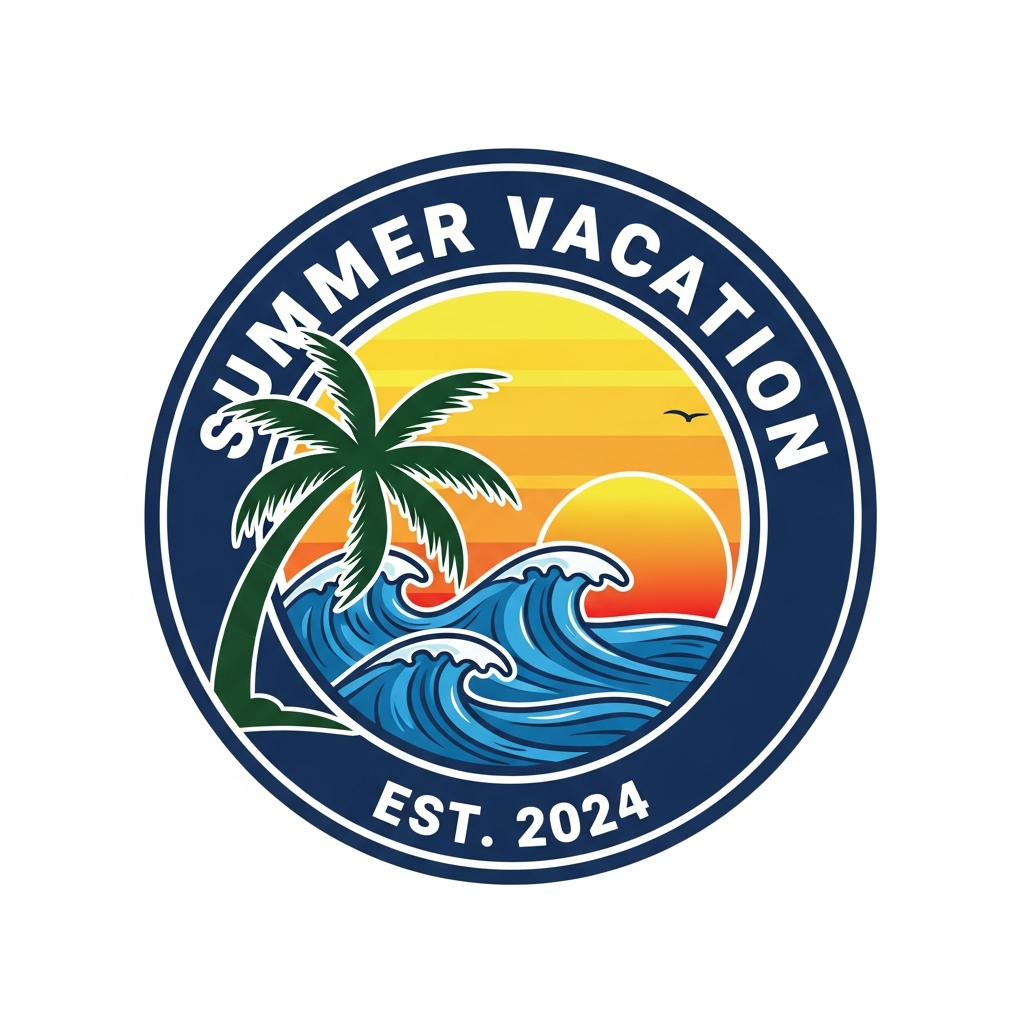 Summer vacation badge emblem ready to press DTF heat transfer graphic with high-contrast vector design, suitable for t-shirts, hoodies, and tote bags