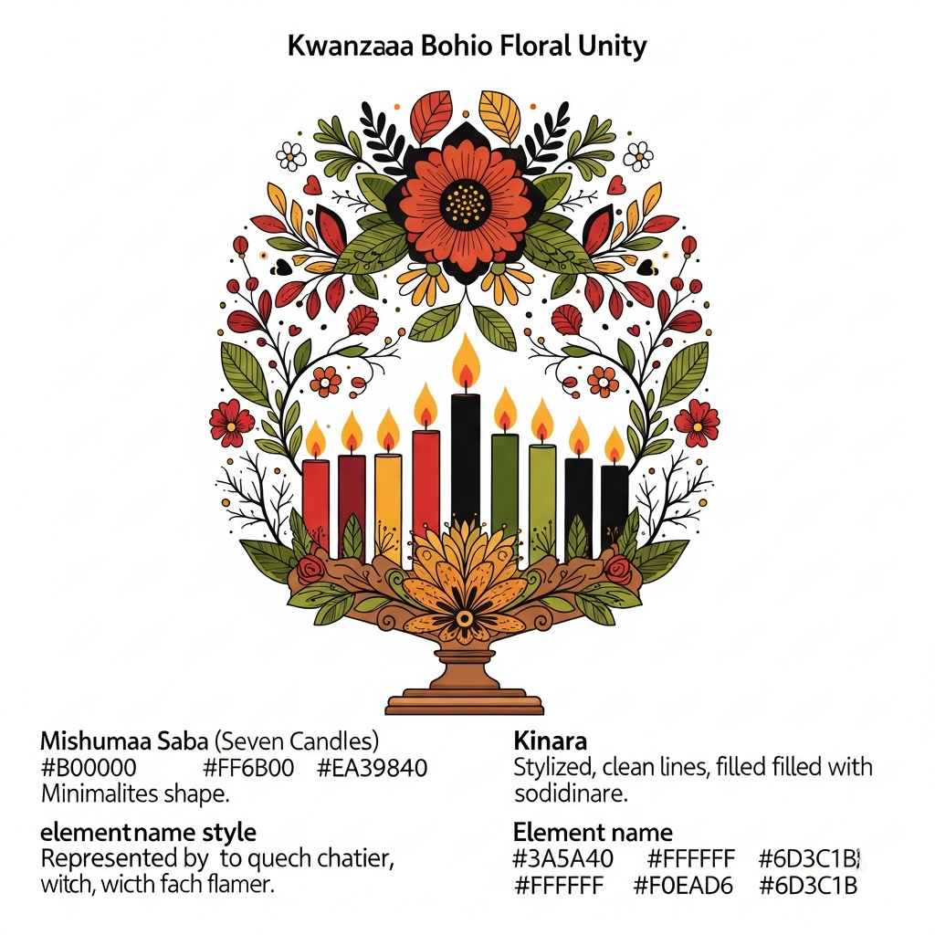 Kwanzaa boho floral ready-to-press DTF heat transfer graphic featuring a centered vector illustration with rich high-contrast colors, botanical floral elements, and clean outlines suitable for t-shirts, hoodies, and tote bags