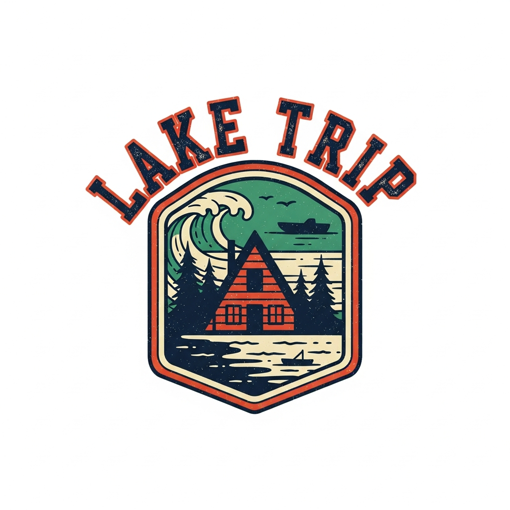 Retro varsity style lake trip DTF heat transfer graphic with high contrast colors and clean vector outlines, ready to press onto t-shirts and apparel