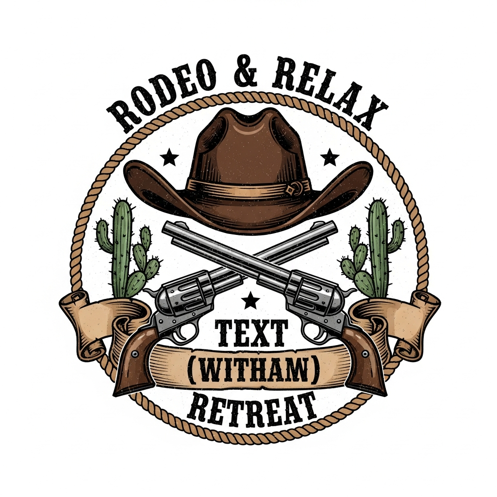 Ready to press DTF heat transfer graphic featuring a western cowboy vintage design for company retreat apparel, vector illustration style with high contrast colors and clean outlines, suitable for t-shirts hoodies and tote bags