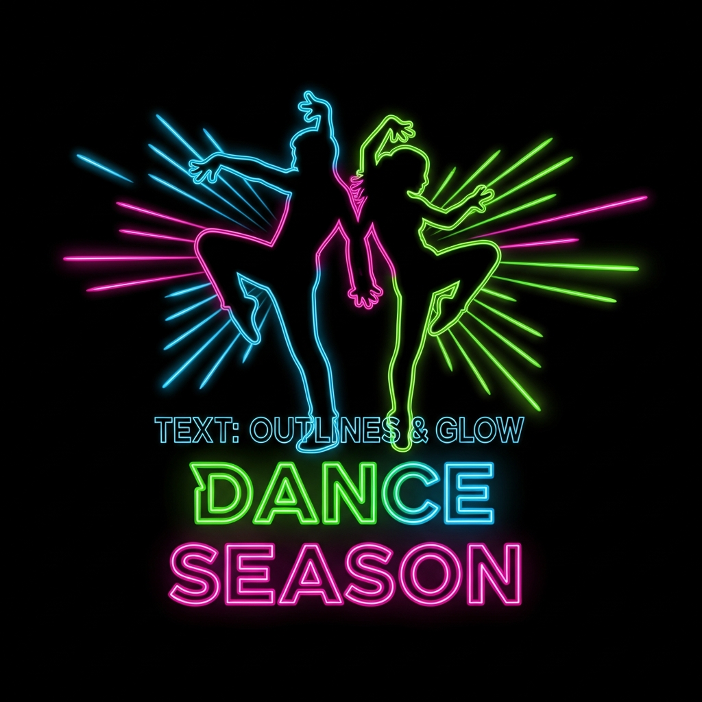 Neon glow style dance competition season DTF heat transfer graphic, ready to press, high contrast vector illustration for t-shirts and hoodies