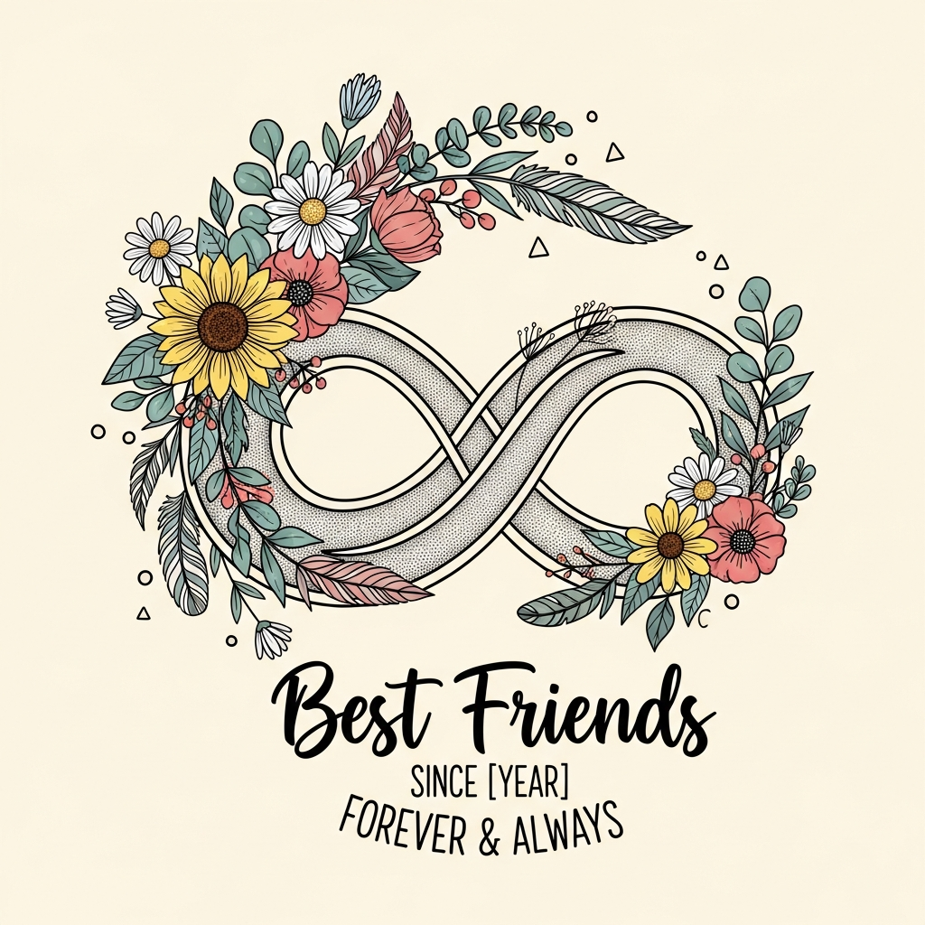National Best Friends Day boho floral ready to press DTF heat transfer graphic featuring a centered vector-style floral illustration with high contrast earthy tones and bohemian design elements, suitable for t-shirts hoodies and tote bags