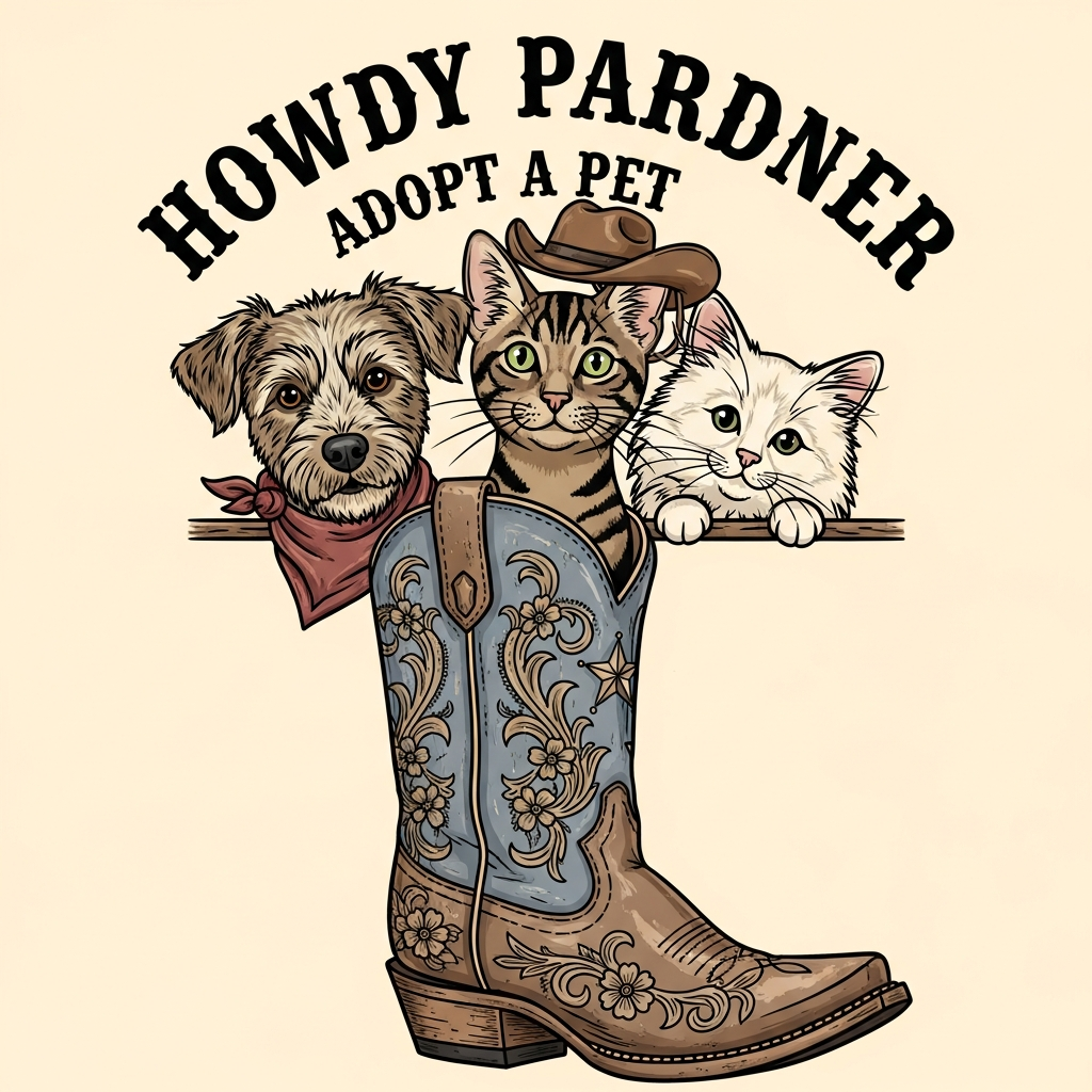 Pet Adoption Day western cowboy vintage ready to press DTF heat transfer graphic with high contrast vector illustration, centered design suitable for t-shirts hoodies and tote bags