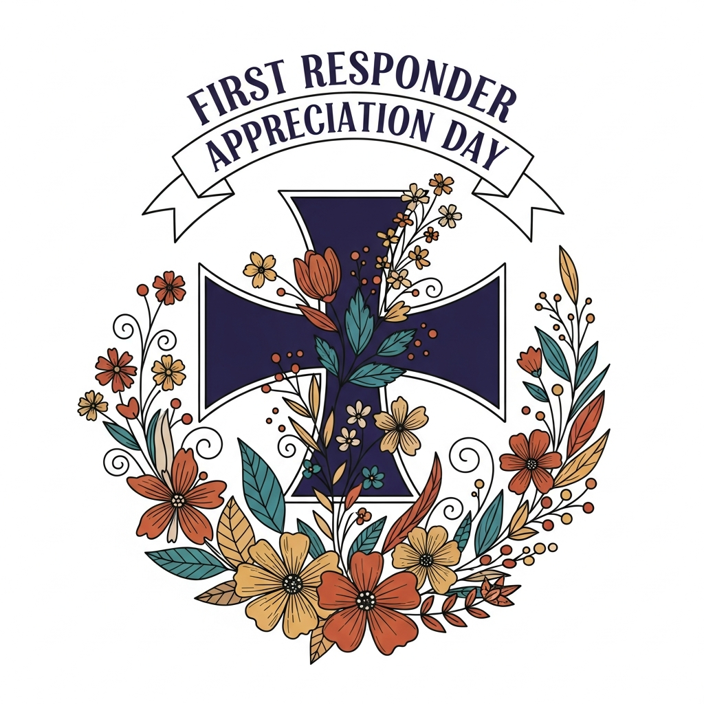 Boho floral style First Responder Appreciation Day ready to press DTF heat transfer graphic with high contrast colors and centered vector illustration design
