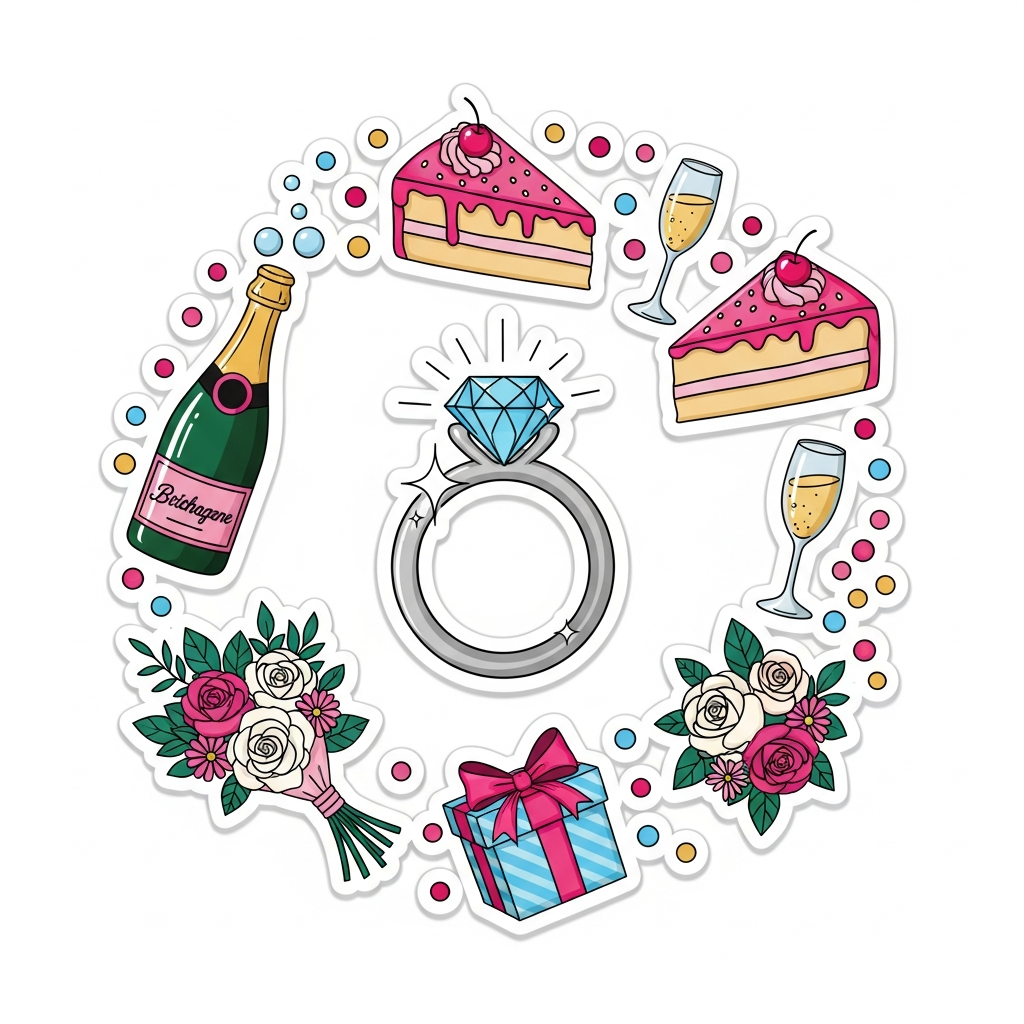 Bridal shower sticker style ready to press DTF heat transfer graphic with bold outlines and high contrast colors, suitable for t-shirts, hoodies, and tote bags