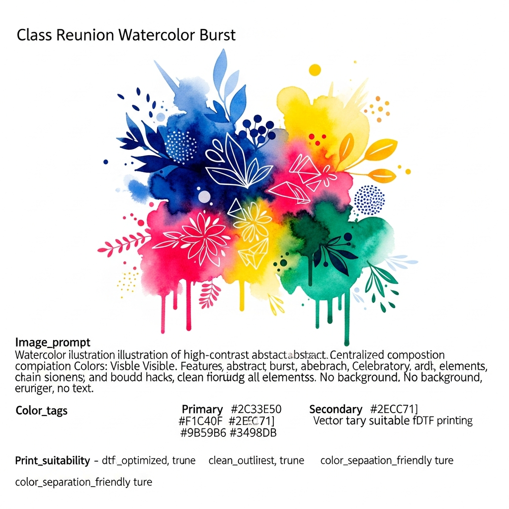 Ready to press DTF heat transfer featuring a watercolor illustration design for class reunion themed t-shirts and apparel, with vibrant high-contrast colors and clean artistic outlines suitable for heat press application