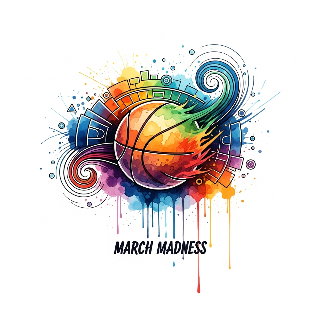 March Madness watercolor illustration DTF heat transfer design, ready to press, centered composition with high contrast colors, suitable for t-shirts hoodies and tote bags