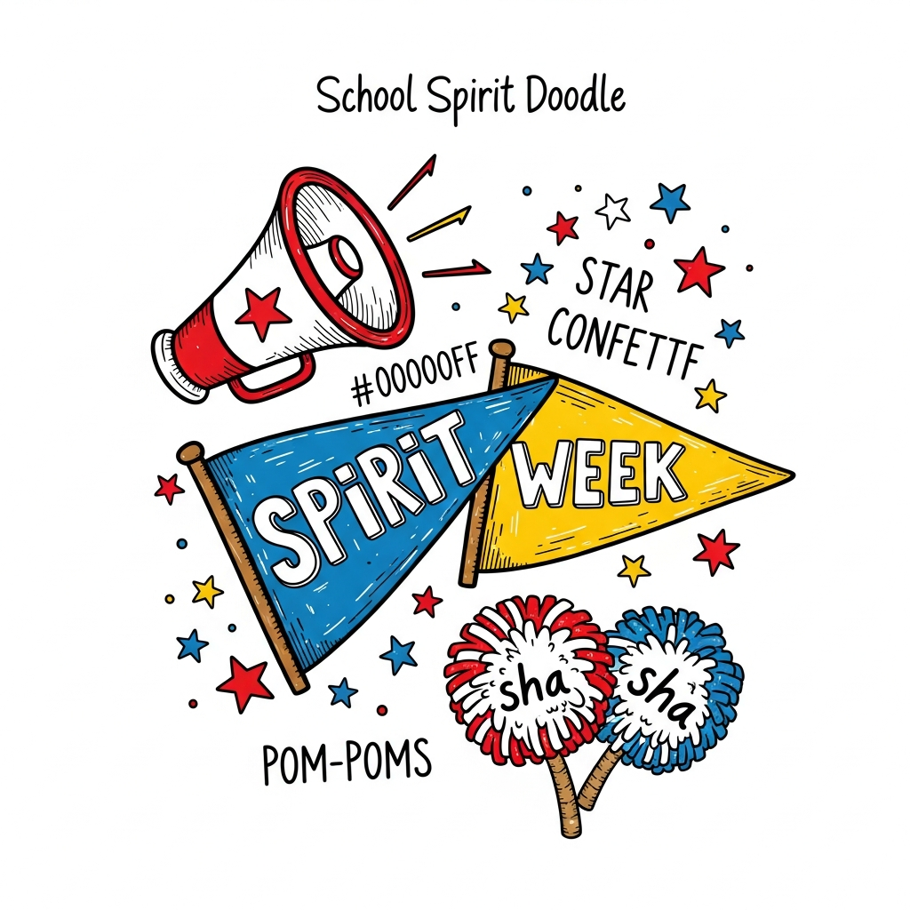 Hand drawn doodle style School Spirit Week DTF transfer graphic, ready to press heat transfer design with high contrast colors and clean outlines, suitable for t-shirts hoodies and tote bags