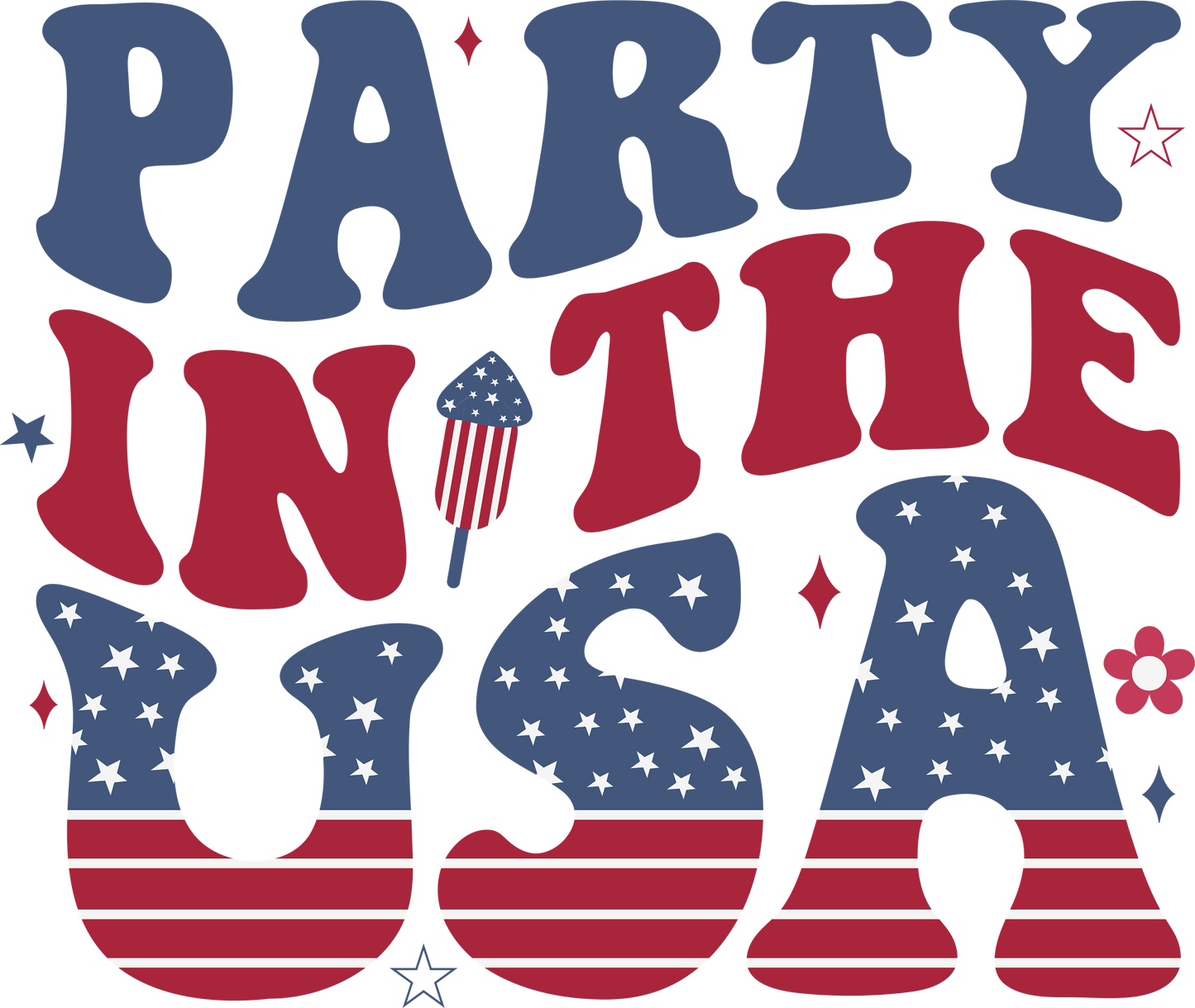 PARTY IN THE USA – DTF Ready To Press Design – ready to press DTF transfer by DTF Orange County, printed by DTF Orange County in Orange County.