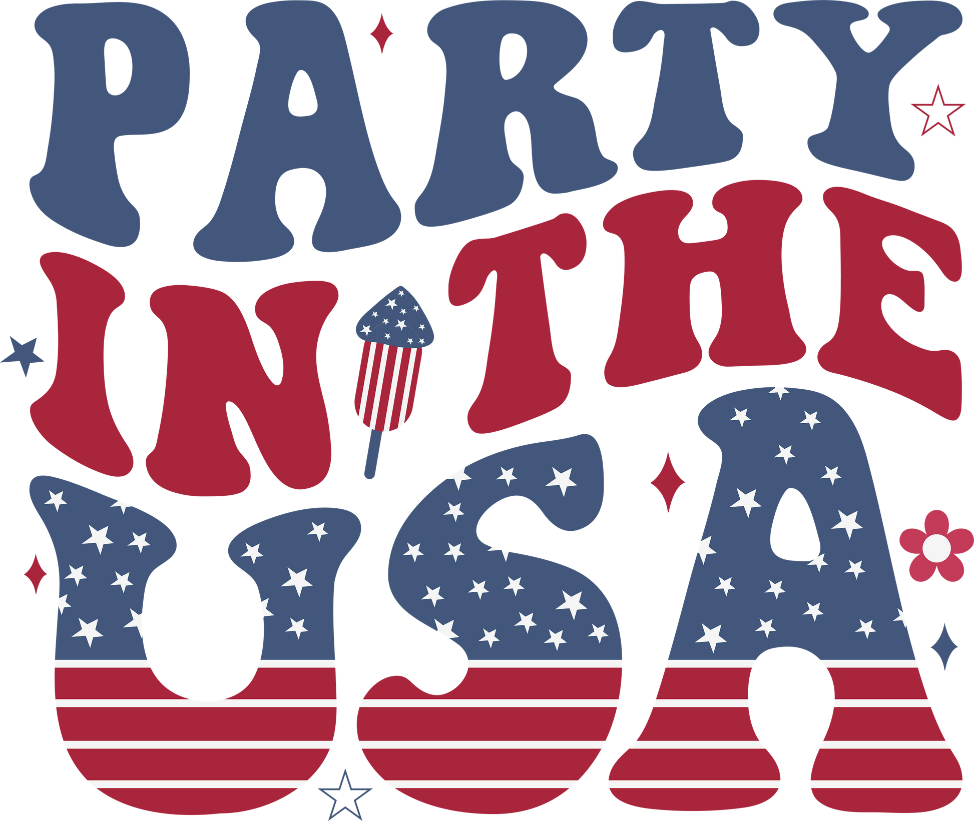 PARTY IN THE USA – DTF Ready To Press Design – ready to press DTF transfer by DTF Orange County, printed by DTF Orange County in Orange County.