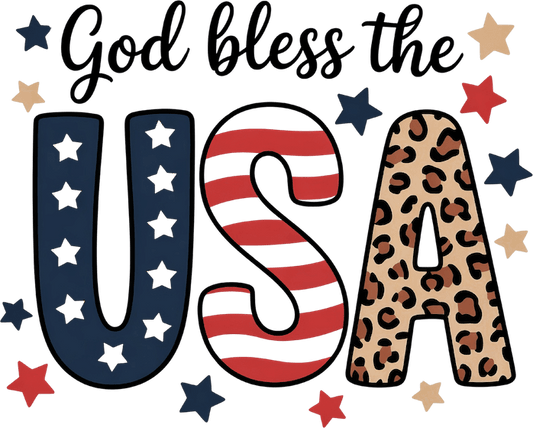 GOD BLESS THE USA – DTF Ready To Press Design – ready to press DTF transfer by DTF Orange County, printed by DTF Orange County in Orange County.