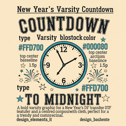 Retro varsity style New Year's Countdown DTF heat transfer graphic with bold high contrast colors and clean vector outlines, ready to press on t-shirts and hoodies