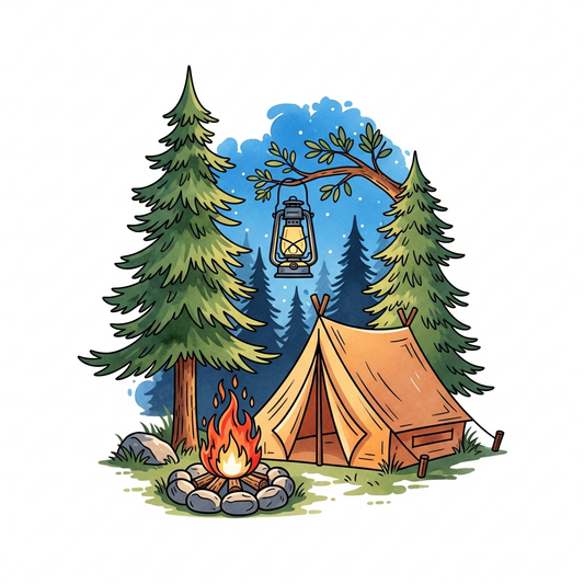 Summer Camp watercolor illustration ready to press DTF heat transfer graphic with vibrant high-contrast colors, centered composition, and clean outlines – suitable for t-shirts, hoodies, and tote bags
