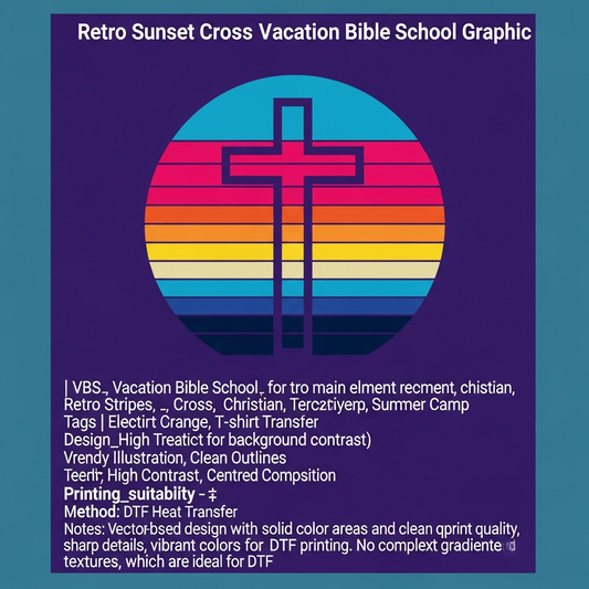 Vacation Bible School retro sunset stripes DTF heat transfer graphic, ready to press, vector illustration with high contrast colors, suitable for t-shirts hoodies and tote bags