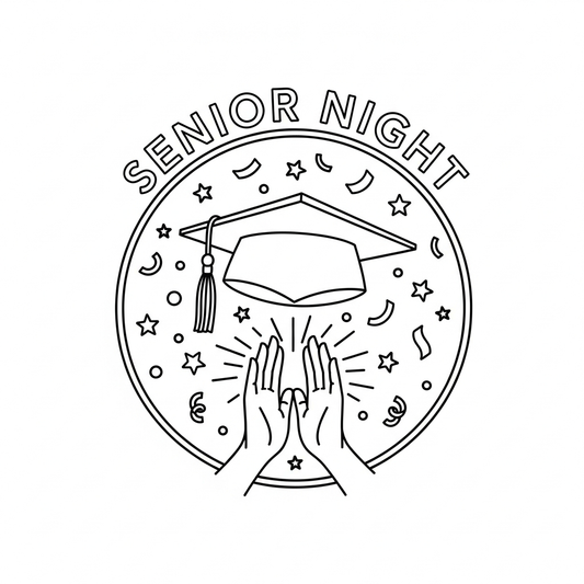 Senior Night ready to press DTF heat transfer featuring a bold outline illustration style graphic, designed for t-shirts, hoodies, and custom apparel, high contrast vector design suitable for heat press printing