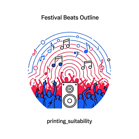 Ready to press DTF heat transfer featuring a music festival outline illustration design with high contrast colors and clean vector-style artwork, suitable for t-shirts hoodies and apparel
