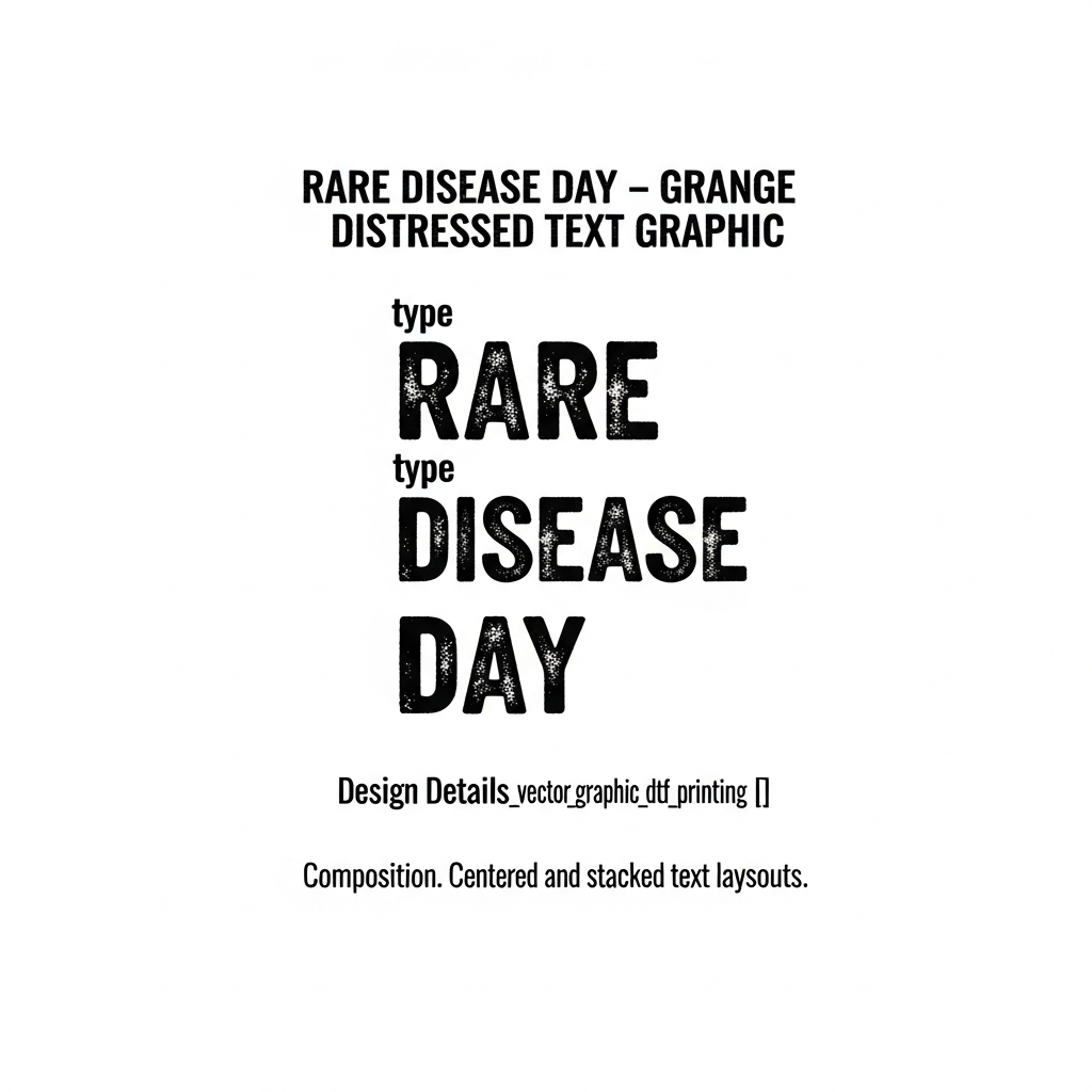 Rare Disease Day grunge distressed lettering ready to press DTF heat transfer graphic with high contrast bold vector design, suitable for t-shirts hoodies and tote bags