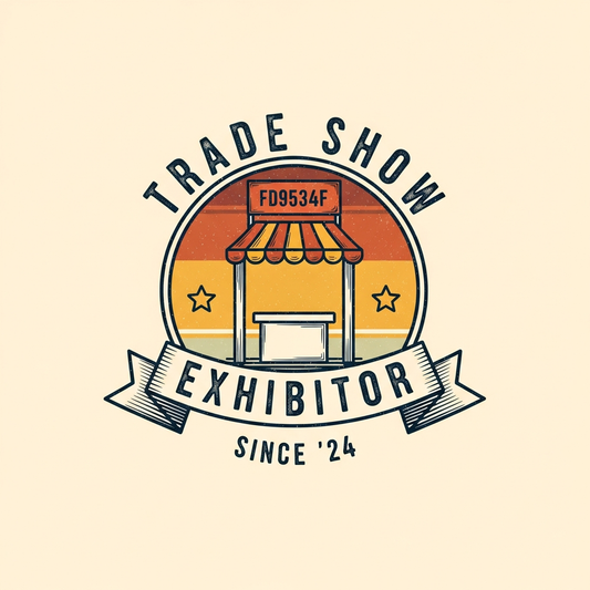 Retro badge logo DTF heat transfer design for trade show apparel — ready to press on t-shirts, hoodies, and tote bags