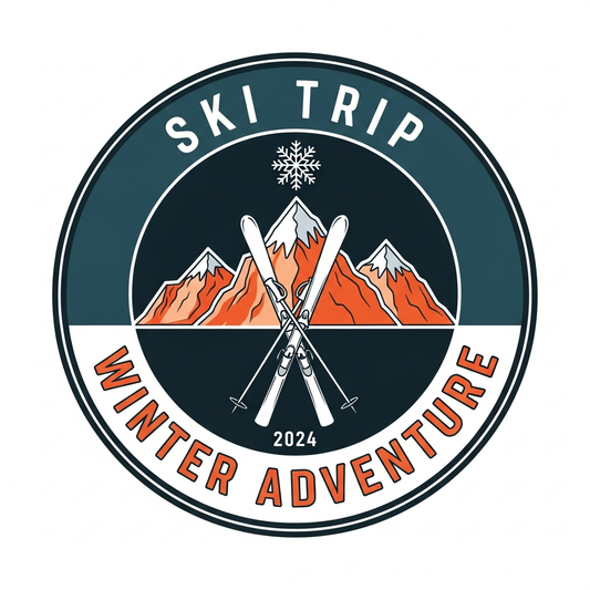 Ski trip badge emblem ready to press DTF heat transfer design with high contrast colors and vector style illustration, suitable for t-shirts hoodies and custom apparel
