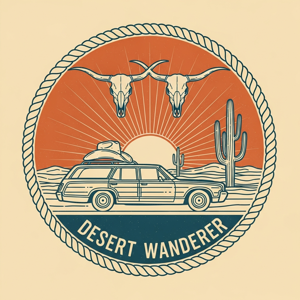 Road trip western cowboy vintage DTF heat transfer graphic with bold vector illustration, high contrast colors and clean outlines, ready to press on t-shirts and hoodies