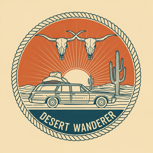 Road trip western cowboy vintage DTF heat transfer graphic with bold vector illustration, high contrast colors and clean outlines, ready to press on t-shirts and hoodies