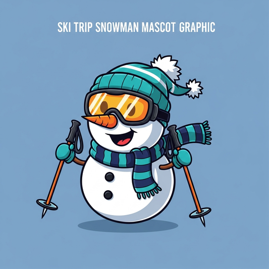 Cartoon mascot ski trip DTF heat transfer graphic in bold vector style, featuring a fun skiing character with high contrast colors, centered composition, ready to press on t-shirts and hoodies